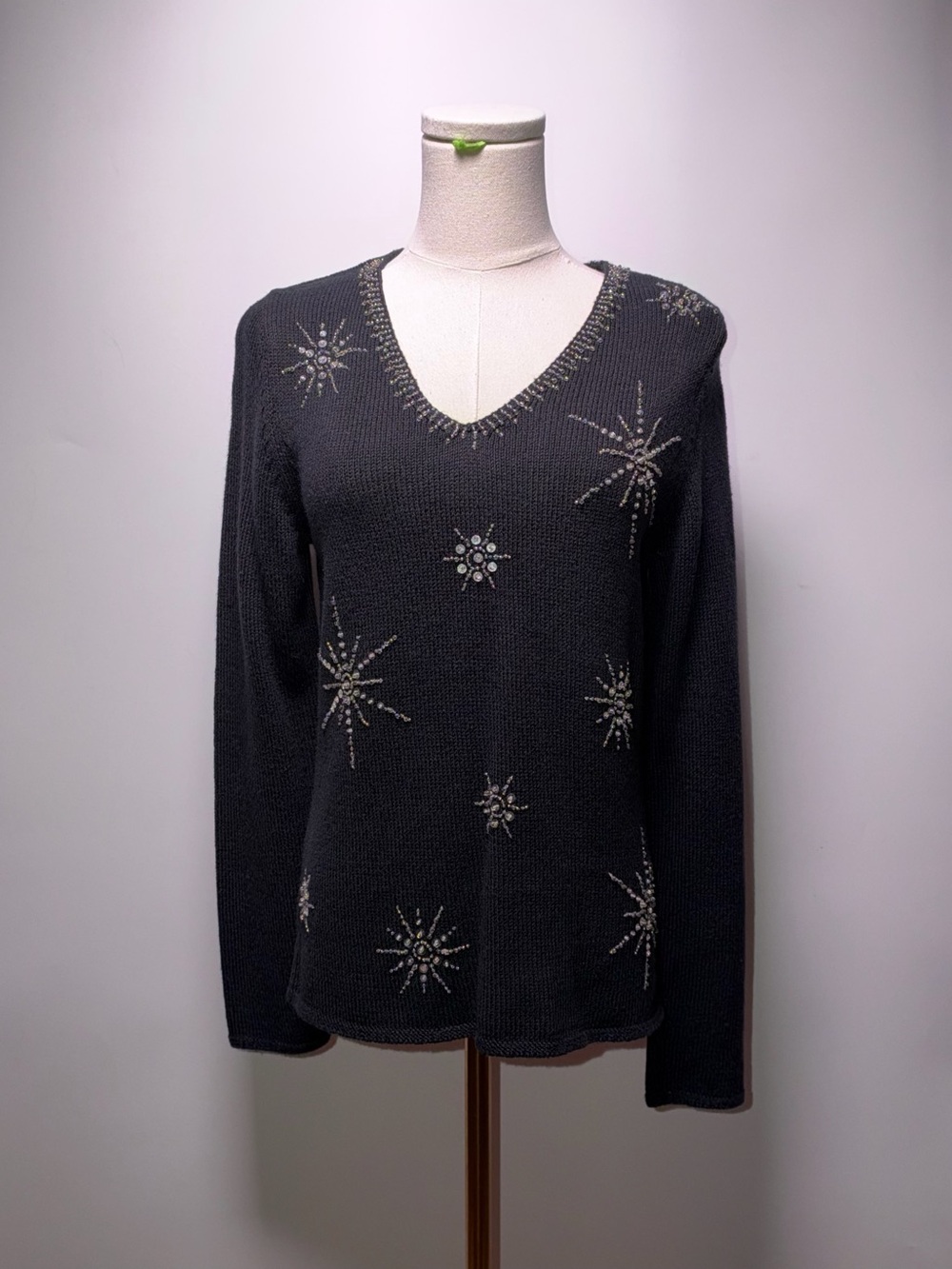 Susan Bristol Black V-Neck Sweater with Beaded Starburst Size M